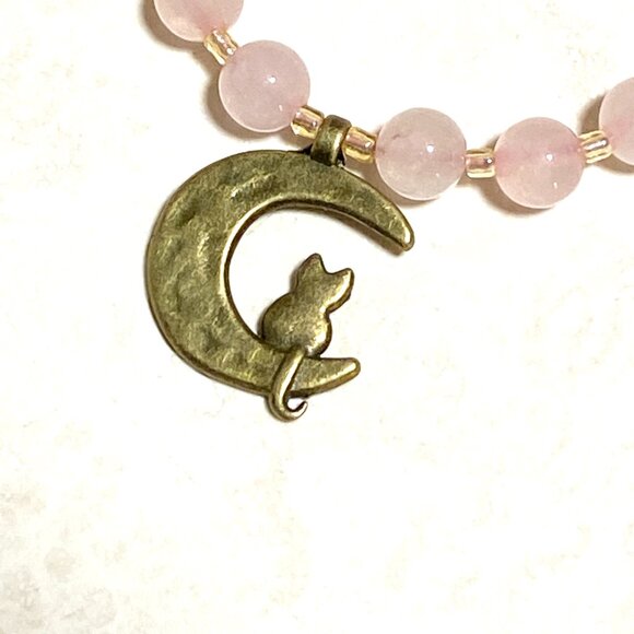 Pink Genuine Gemstone Rose Quartz Bronze Cat on the Moon Beaded Short Necklace - Picture 5 of 11
